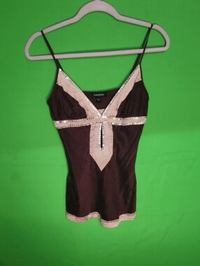 Vintage Bebe Y2K Brown & Pink Sequin Trim Satin Camisole Top S